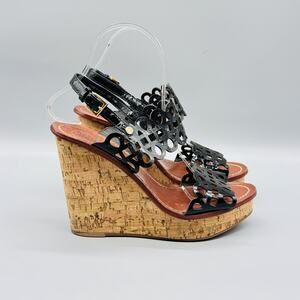 Tory Burch Shoes Womens 7.5 Black Patent Nori Wedges Platform Logo Sandals